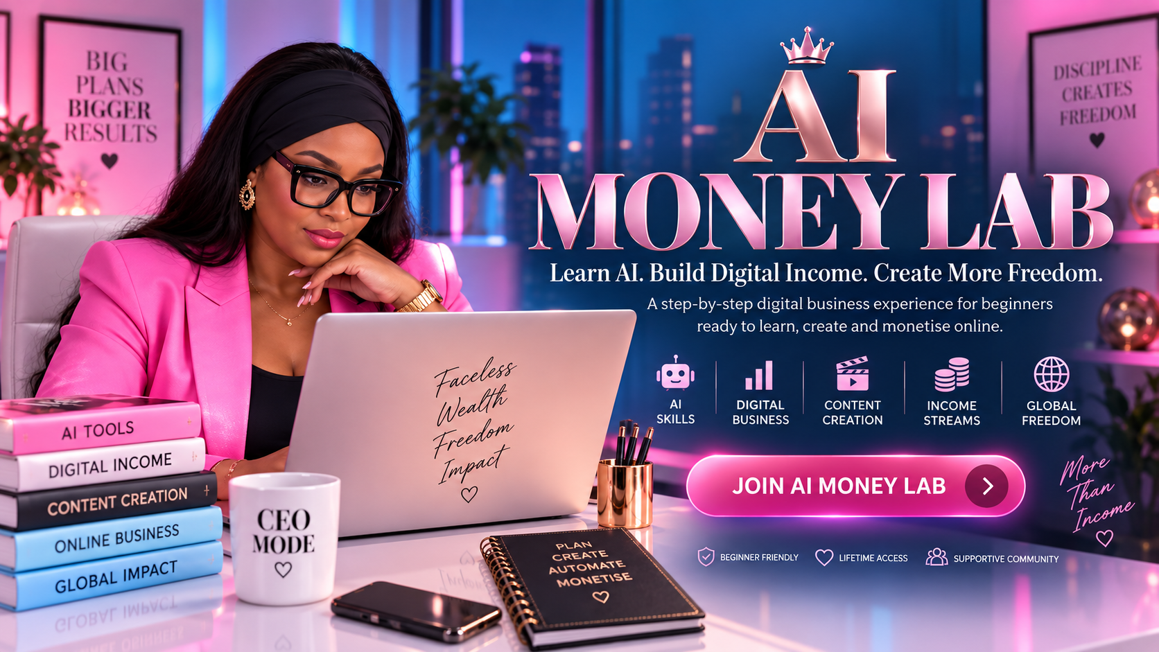 AI Money Lab — learn AI, build digital income, create more freedom. A step-by-step digital business experience for beginners ready to learn, create and monetise online.